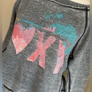 Roxy black-grey crewneck sweatshirt with ROXY across front. size small.